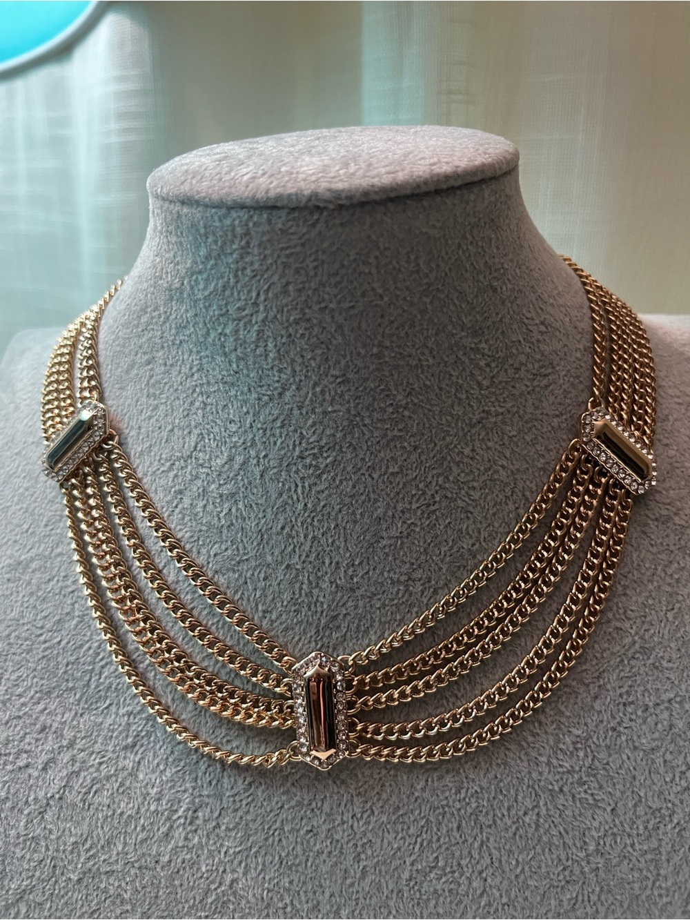 New Gold-Tone Multi-Row Chain Necklace with Crystal Accents